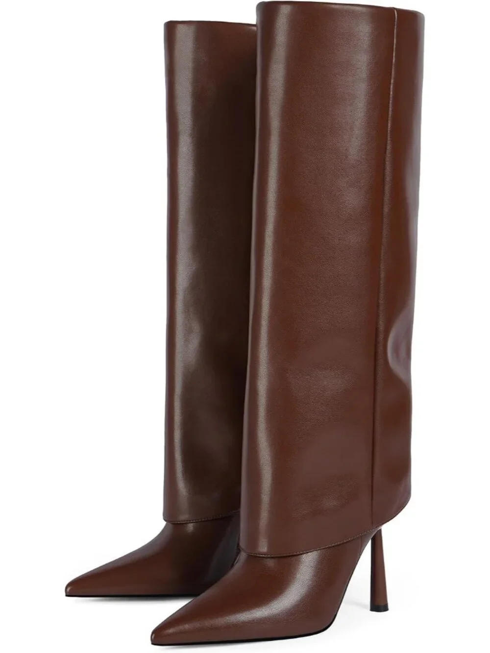 Women's A-Brown Over Knee High Boots Pointed Toe Stiletto Heel Shark Boots